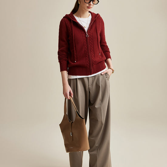 COMOBOCA 100% Wool Women's Cable Knit Zip Cardigan Hoodie