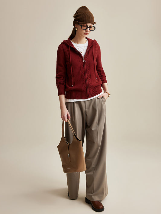 COMOBOCA 100% Wool Women's Cable Knit Zip Cardigan Hoodie