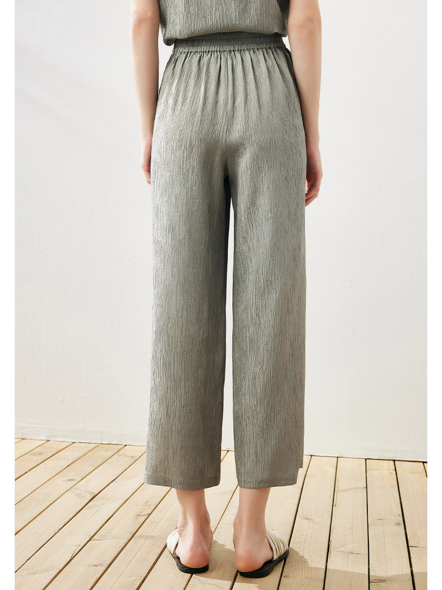 COMOBOCA Women's Elastic Waistband Crinkled Wide Leg Pants