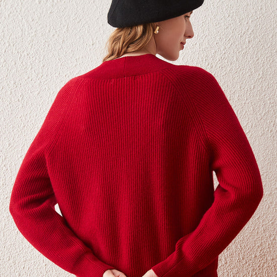 COMOBOCA 100% Cashmere Women's Lantern Sleeve V-Neck Knit Sweater