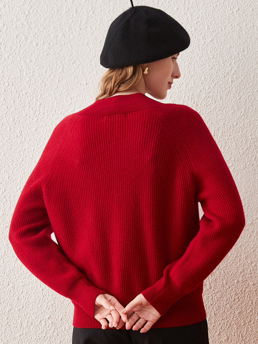 COMOBOCA 100% Cashmere Women's Lantern Sleeve V-Neck Knit Sweater