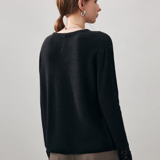 COMOBOCA 100% Cashmere Women's Ribbed Crochet Lace Cuffs Sweater