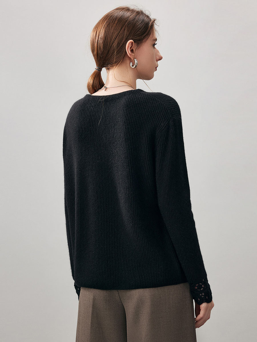 COMOBOCA 100% Cashmere Women's Ribbed Crochet Lace Cuffs Sweater