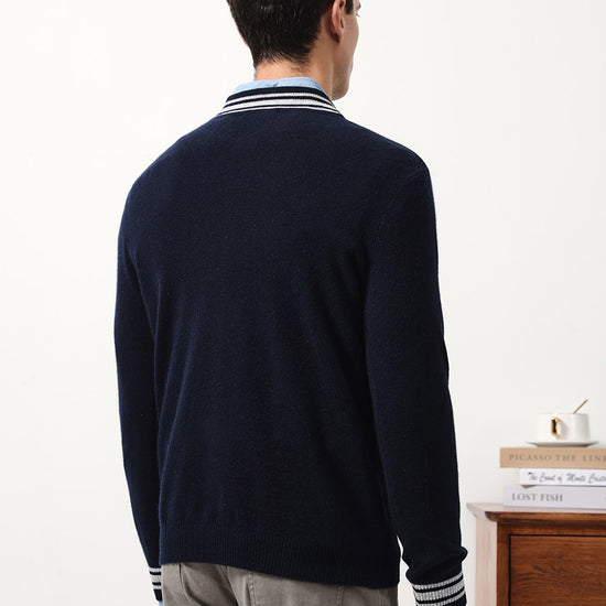 COMOBOCA 100% Cashmere Men's Striped Collar Button Cardigan