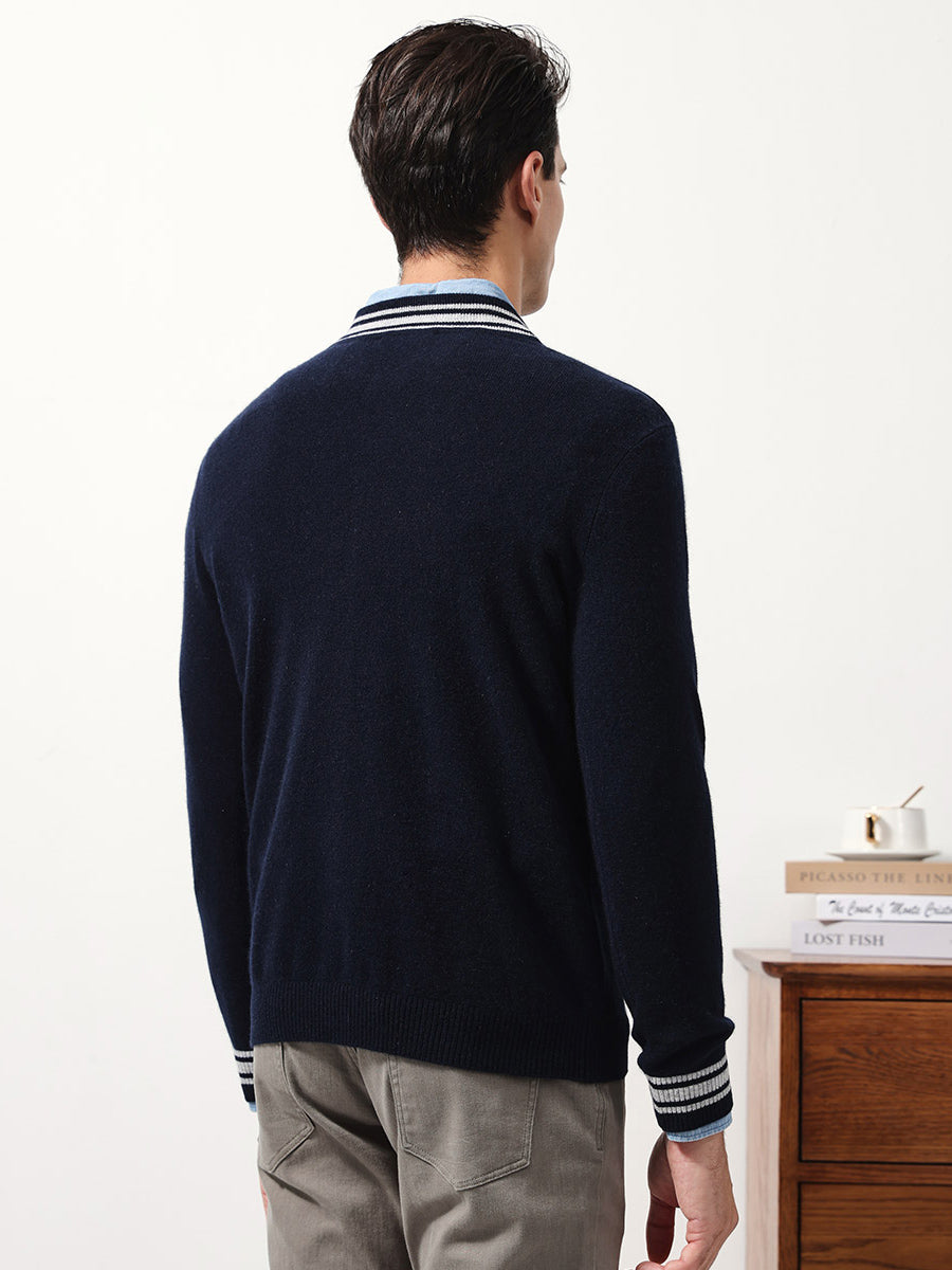 COMOBOCA 100% Cashmere Men's Striped Collar Button Cardigan