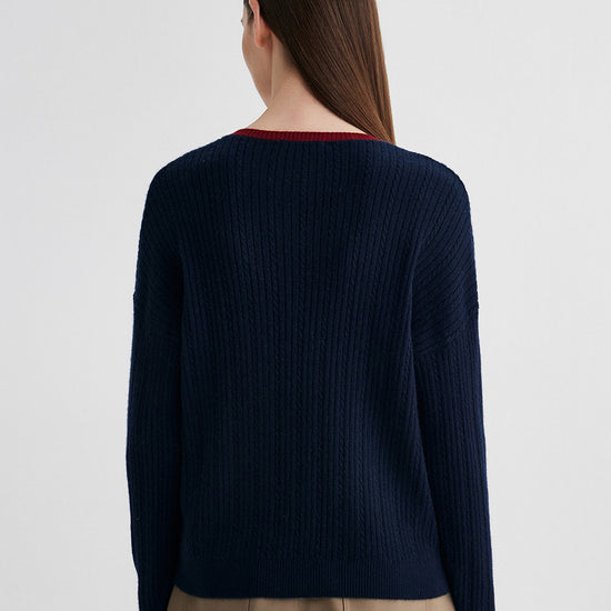 COMOBOCA 100% Cashmere Women's V-Neck Cable Knit Sweater