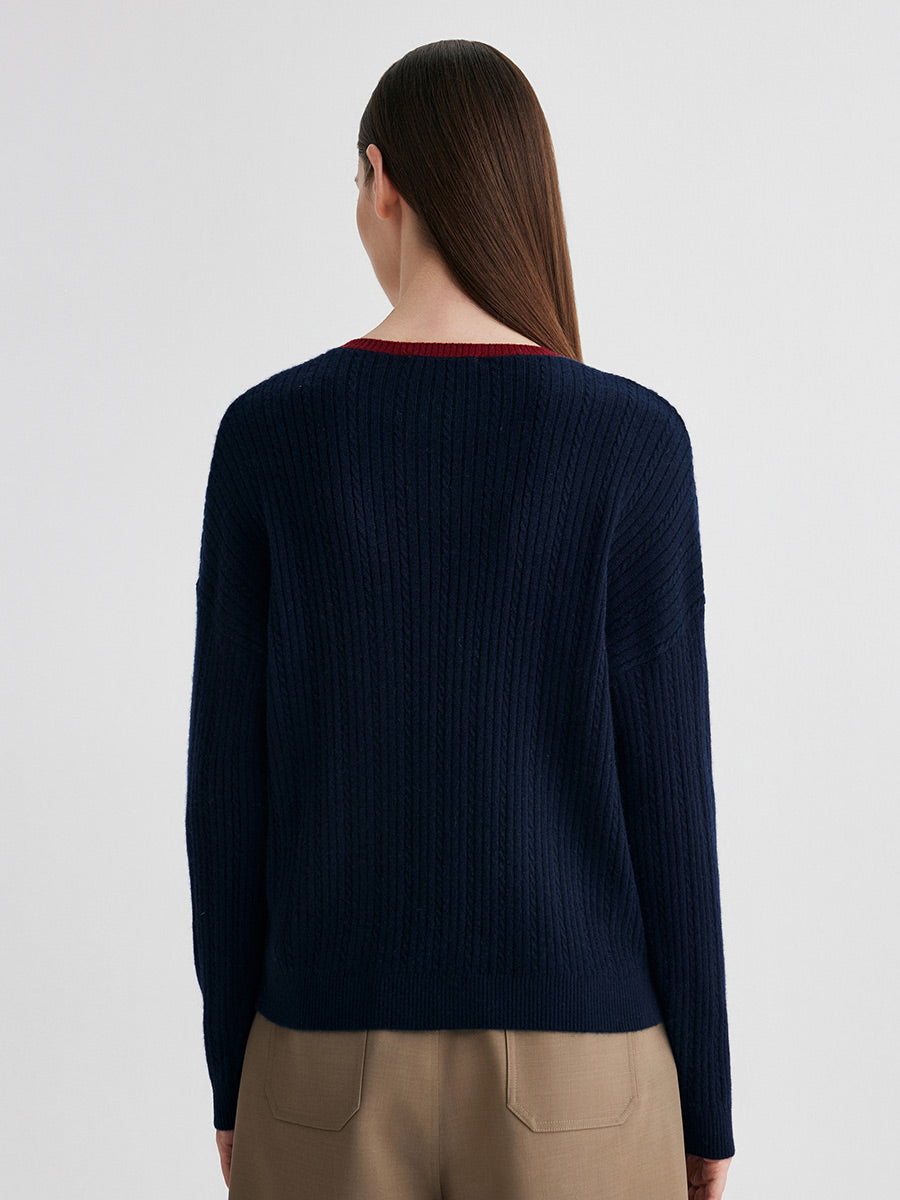 COMOBOCA 100% Cashmere Women's V-Neck Cable Knit Sweater