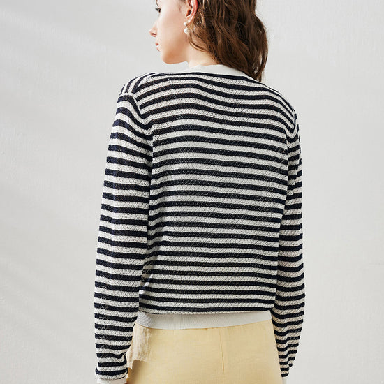COMOBOCA Women's Striped Ribbed Cardigan