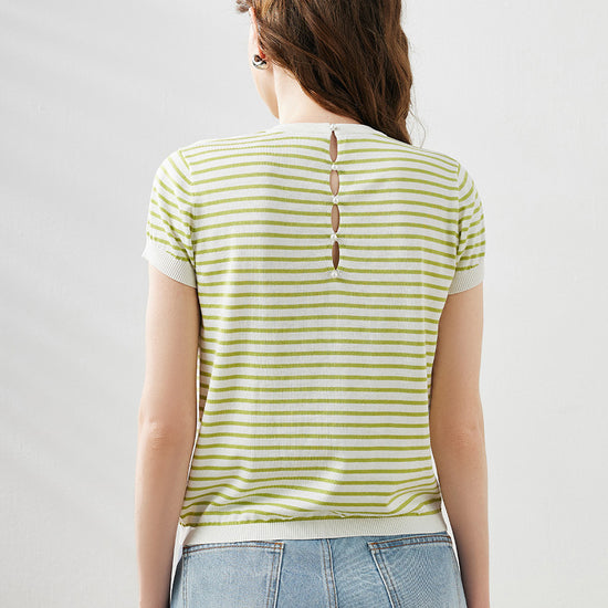COMOBOCA Women's Striped Button Back T-Shirt