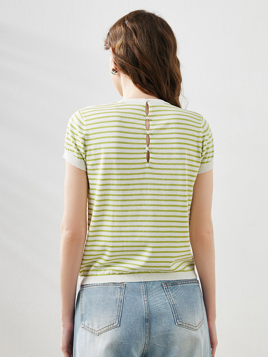 COMOBOCA Women's Striped Button Back T-Shirt
