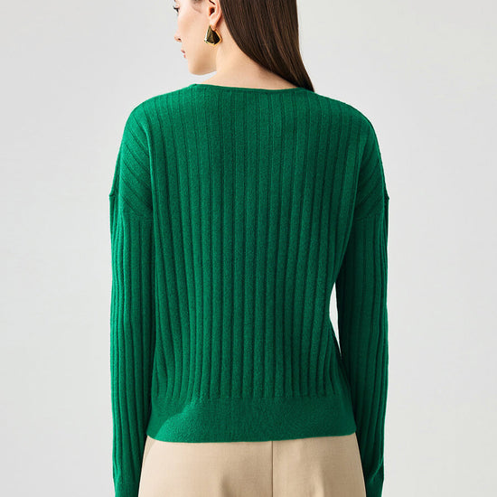 COMOBOCA 100% Cashmere Women's Cozy Ribbed V-Neck Sweater
