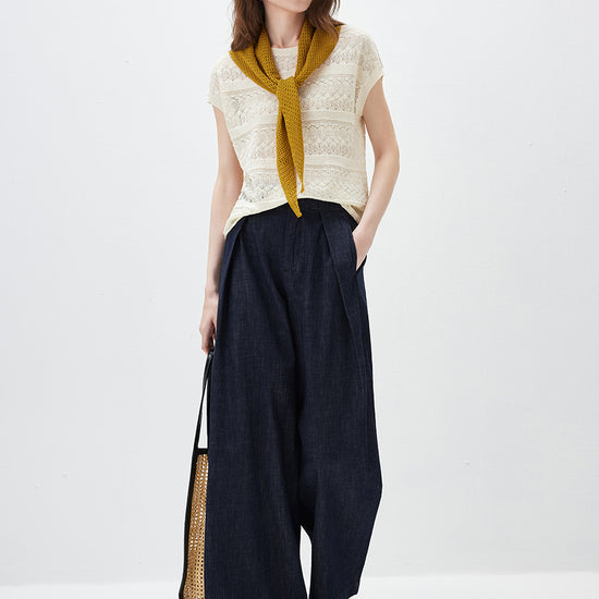 COMOBOCA Women's Openwork Striped Sleeveless Knit T-Shirt