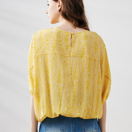 COMOBOCA 100% Mulberry Silk Women's Floral Printed Puff Sleeve Blouse