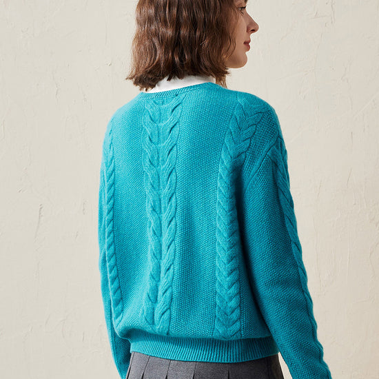 COMOBOCA 100% Cashmere Women's Cable Knit V-Neck Sweater