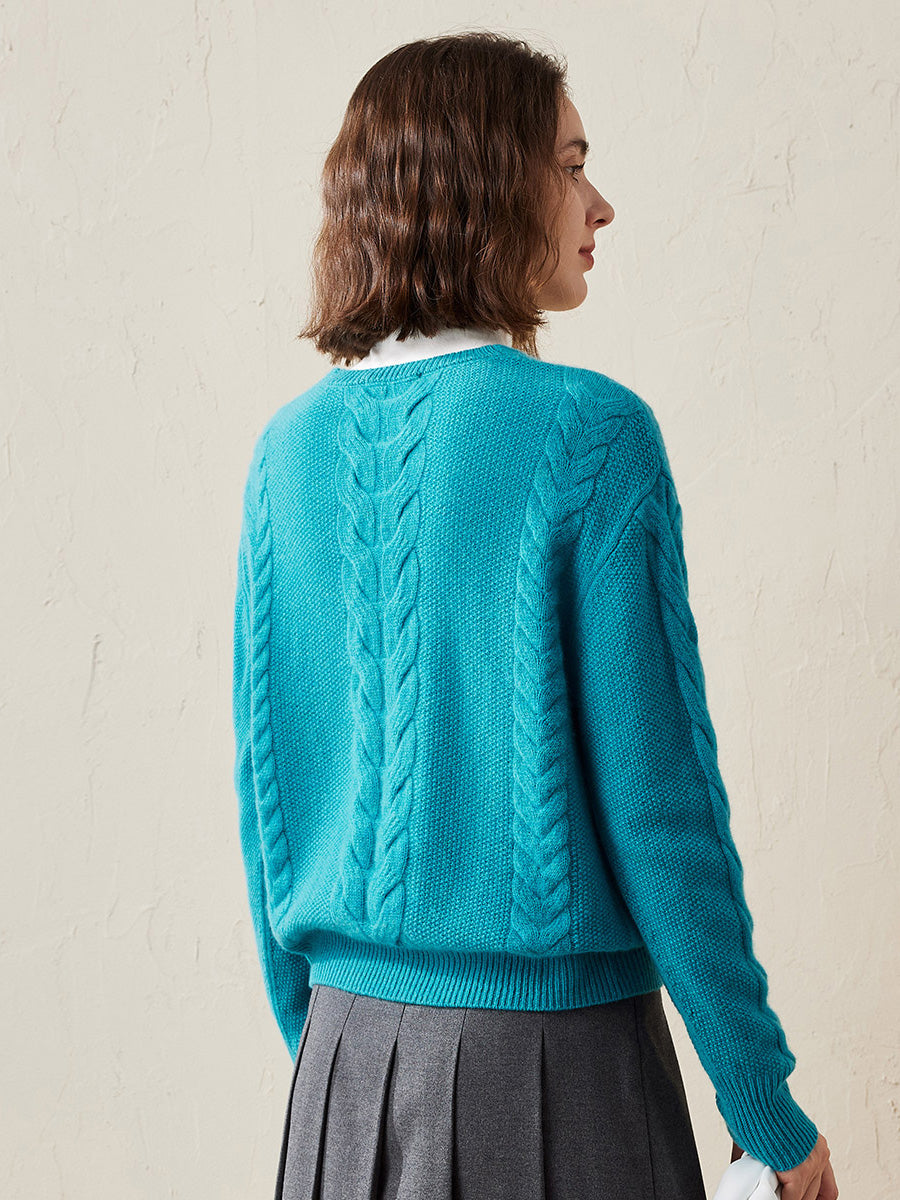 COMOBOCA 100% Cashmere Women's Cable Knit V-Neck Sweater