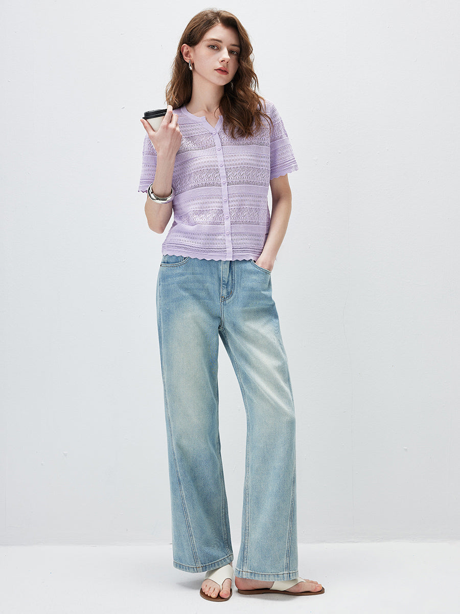 COMOBOCA Women's Scalloped Hem Openwork Knit Cardigan