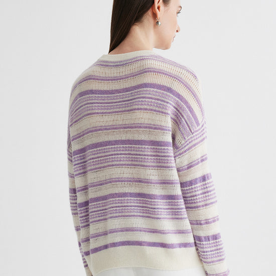 COMOBOCA 100% Cashmere Women's Striped Knit Round Neck Sweater