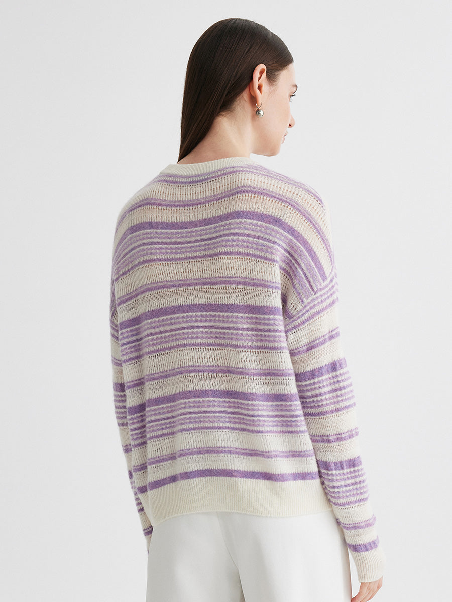 COMOBOCA 100% Cashmere Women's Striped Knit Round Neck Sweater