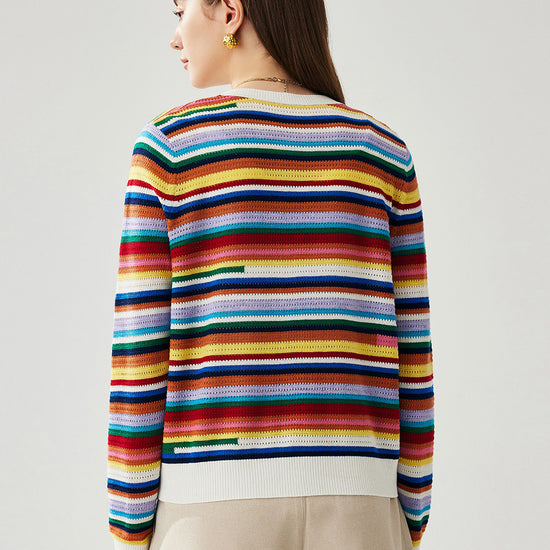 COMOBOCA Women's Ribbed Rainbow Striped Knit Cardigan