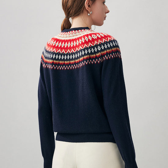 COMOBOCA 100% Cashmere Women's Fair Isle Round Neck Sweater