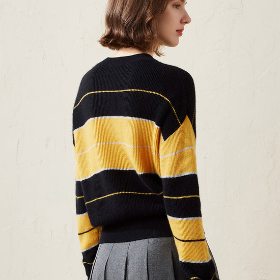 COMOBOCA 100% Cashmere Women's Striped Crewneck Sweater