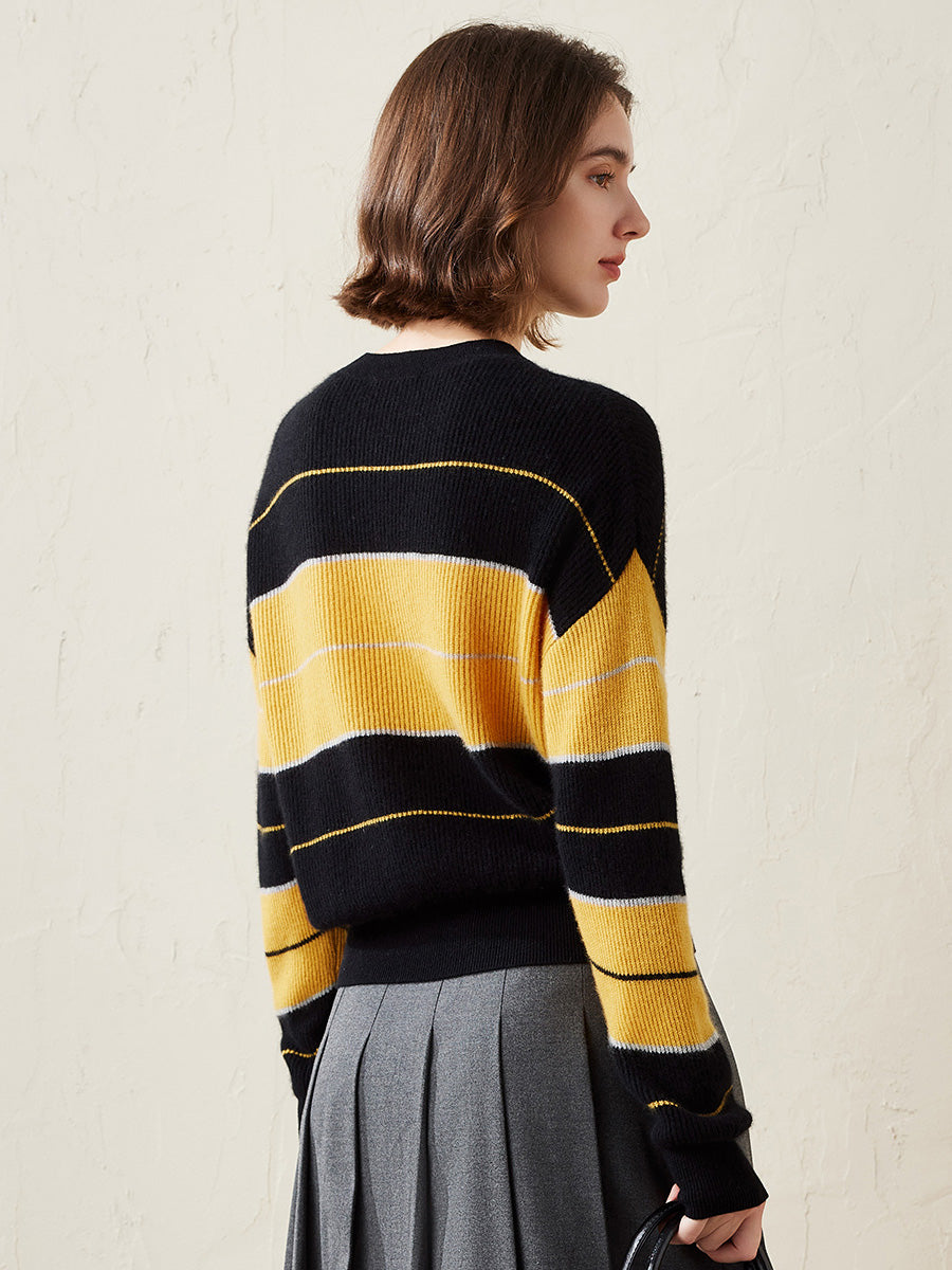 COMOBOCA 100% Cashmere Women's Striped Crewneck Sweater