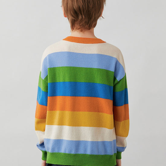 COMOBOCA 100% Wool Kids' Colorful Striped Round Neck Cardigan