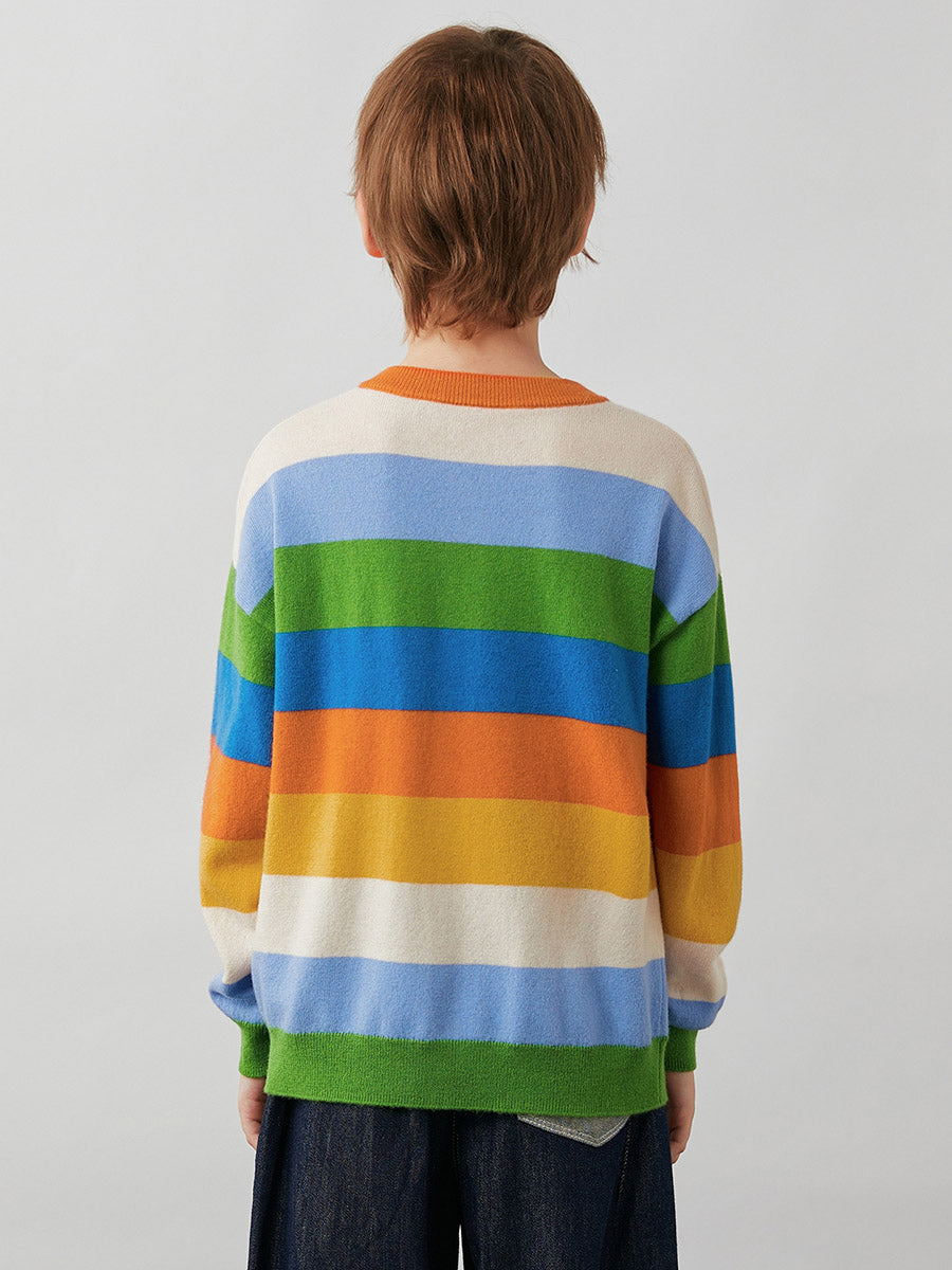 COMOBOCA 100% Wool Kids' Colorful Striped Round Neck Cardigan