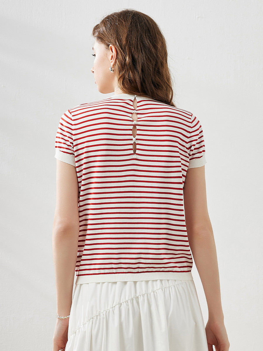 COMOBOCA Women's Striped Button Back T-Shirt