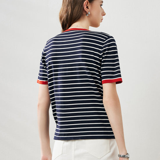 COMOBOCA Women's Striped Ribbed Contrast Trim T-Shirt