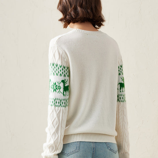 COMOBOCA 100% Cashmere Women's Cozy Reindeer Fair Isle Knit Sweater