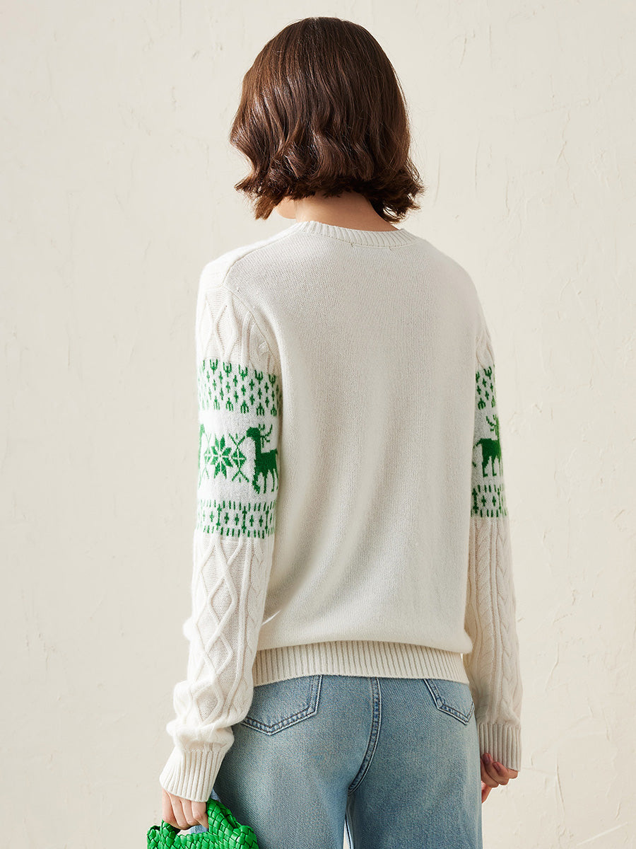 COMOBOCA 100% Cashmere Women's Cozy Reindeer Fair Isle Knit Sweater