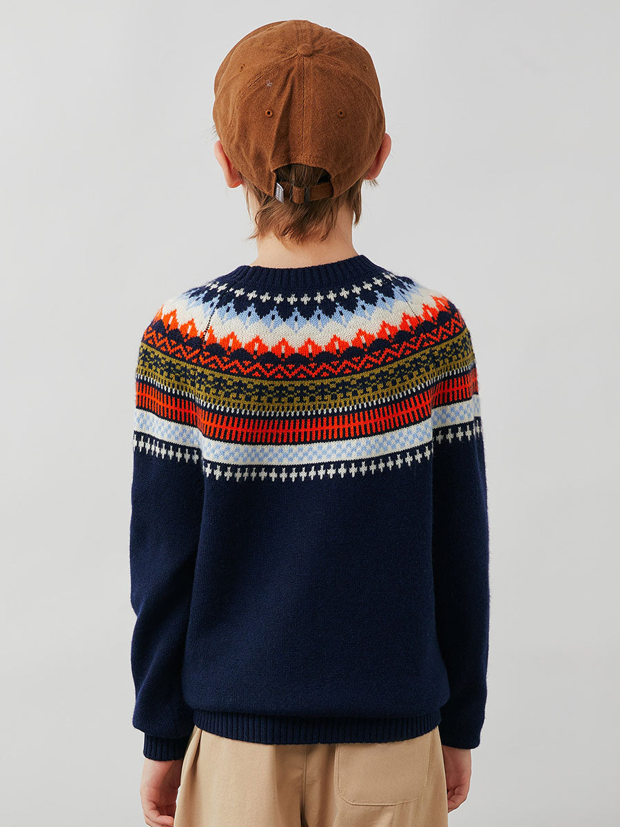 COMOBOCA 100% Wool Kids' Fair Isle Round Neck Sweater