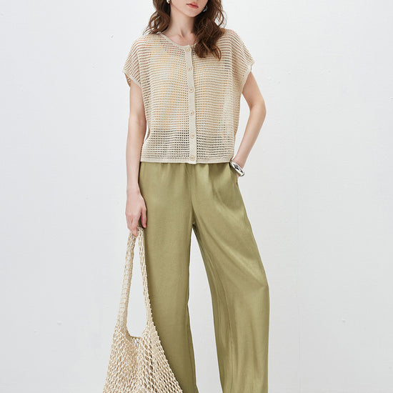 COMOBOCA Women's Openwork Mesh Knit Button Front Top