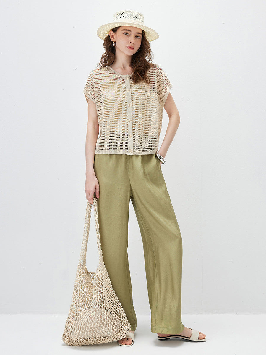 COMOBOCA Women's Openwork Mesh Knit Button Front Top