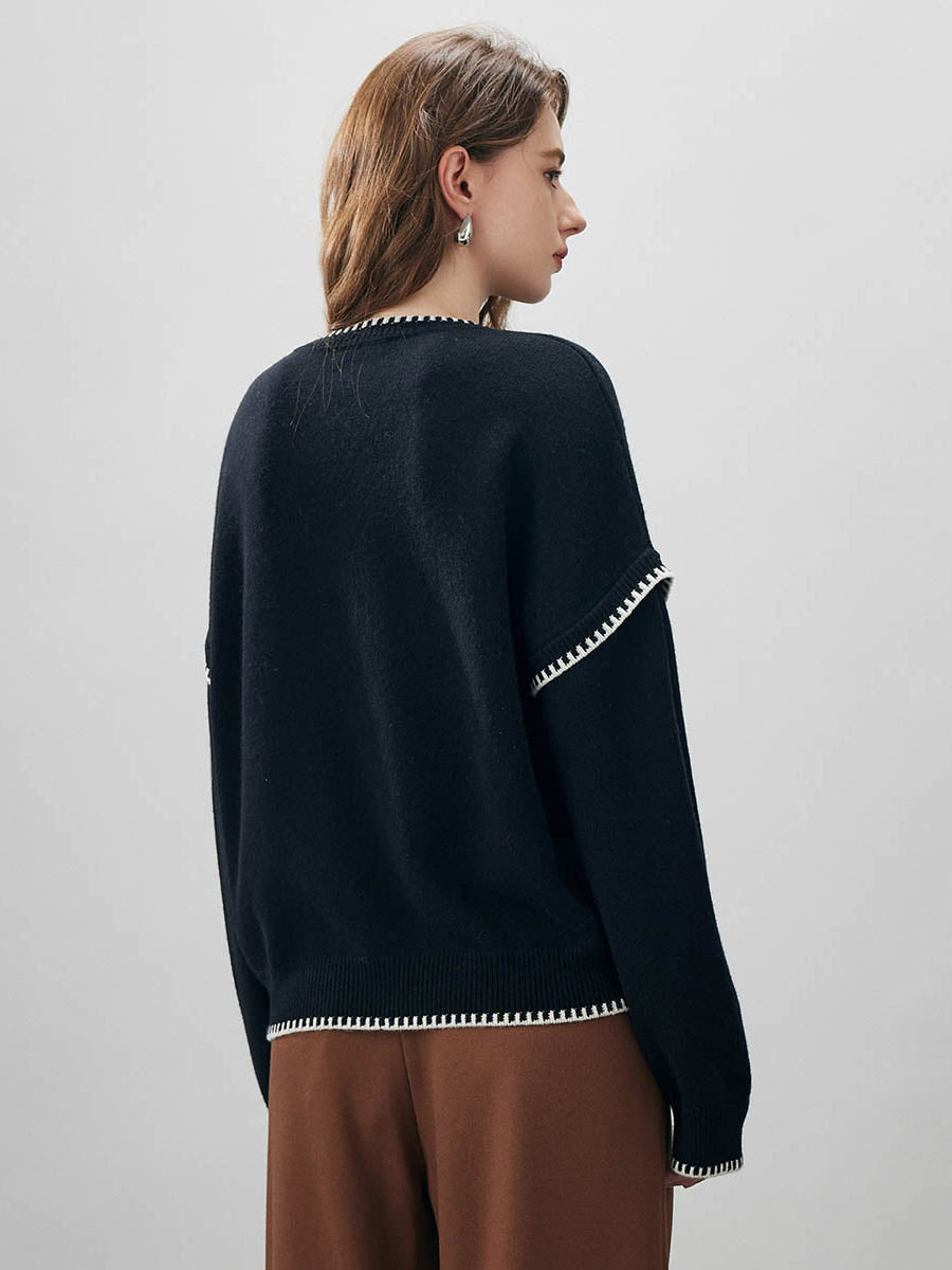 COMOBOCA 100% Wool Women's Contrast Trim Knit Sweater