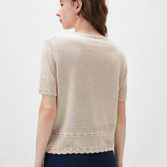 COMOBOCA Women's Scalloped Lace Trim Knit T-Shirt