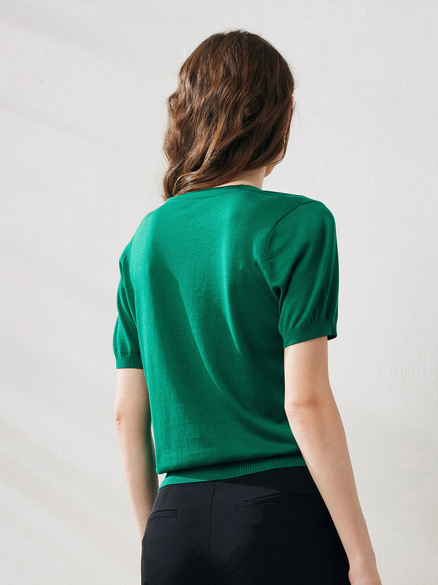 COMOBOCA Women's Lyocell V-Neck Ribbed Knit T-Shirt