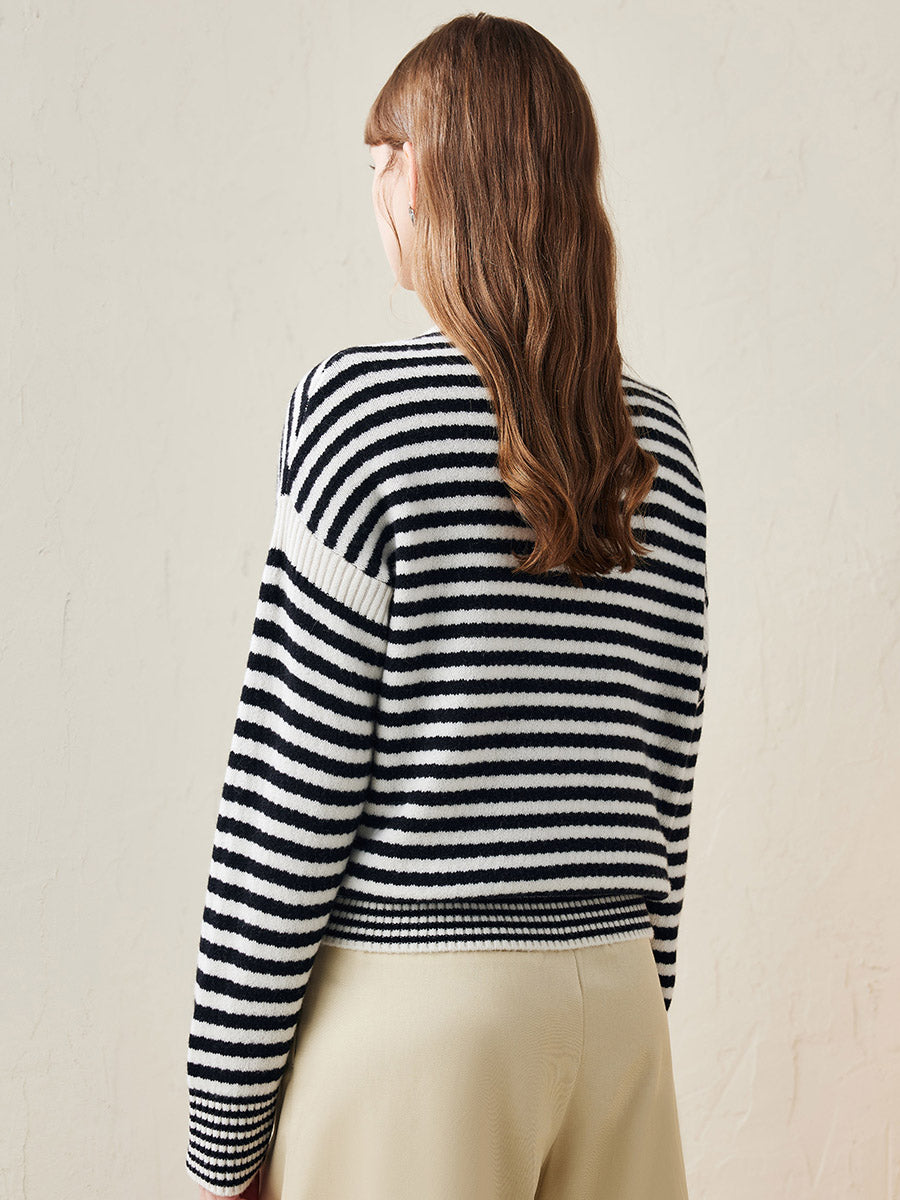COMOBOCA 100% Wool Women's Striped Knit Pullover Sweater