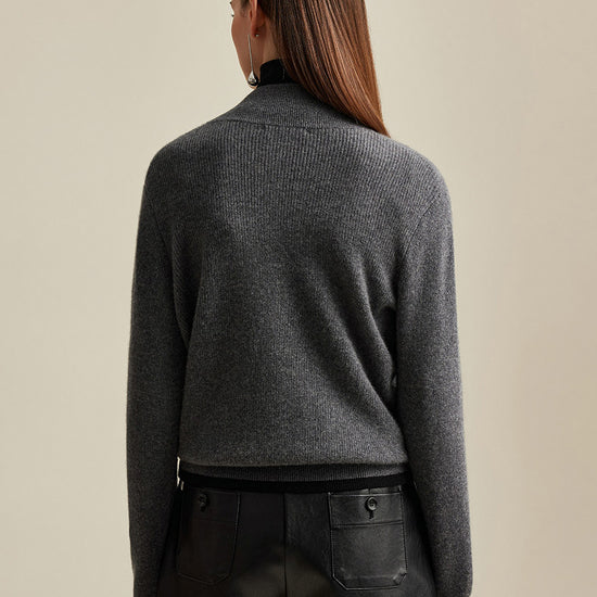 COMOBOCA 100% Cashmere Women's Contrast Trim Dual Zip Pocket Cardigan