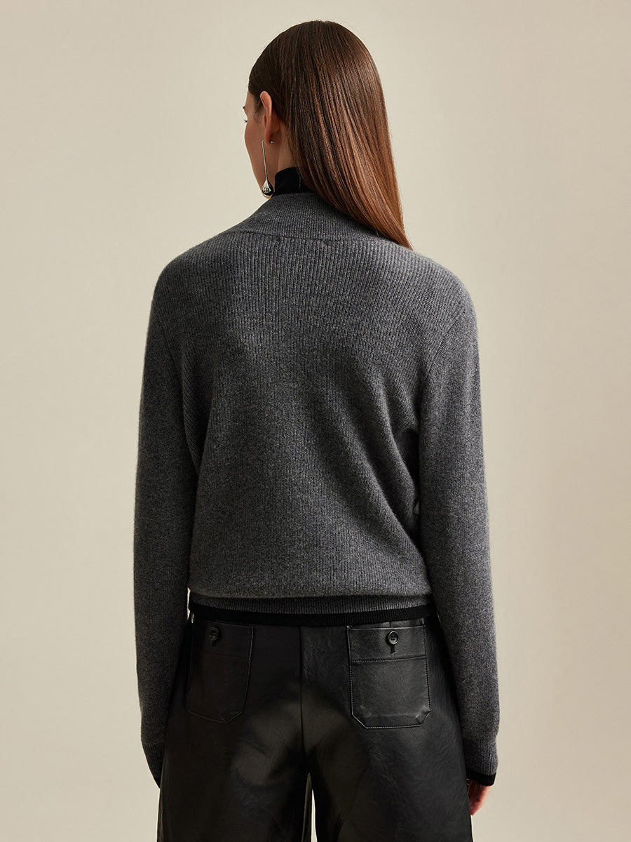 COMOBOCA 100% Cashmere Women's Contrast Trim Dual Zip Pocket Cardigan