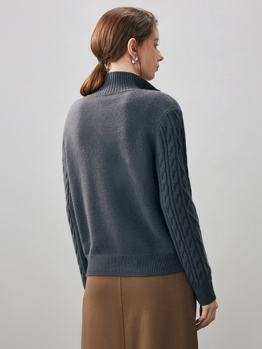 COMOBOCA 100% Cashmere Women's Cable Mock Neck Knit Cardigan