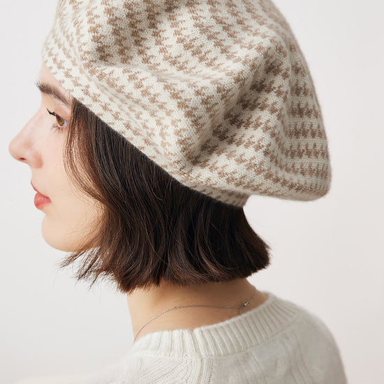 COMOBOCA Beige 100% Cashmere Elegant Houndstooth Knit Beret