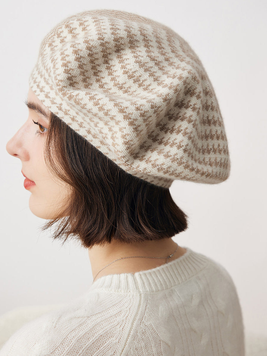 COMOBOCA Beige 100% Cashmere Elegant Houndstooth Knit Beret
