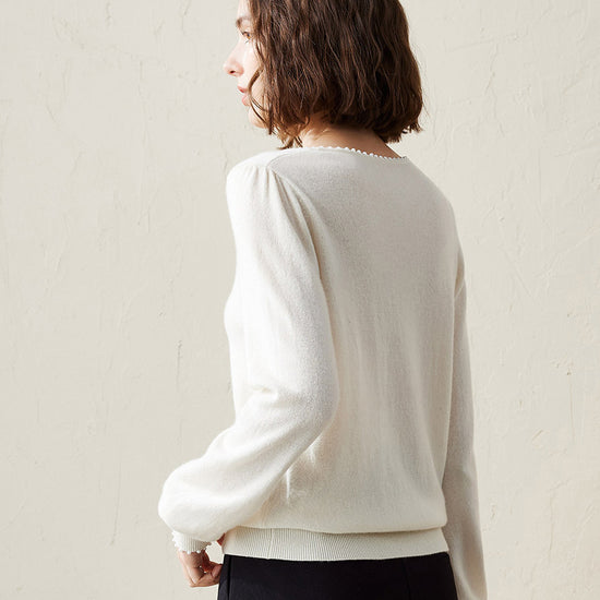 COMOBOCA 100% Cashmere Women's Pearl-Trimmed Knit Sweater