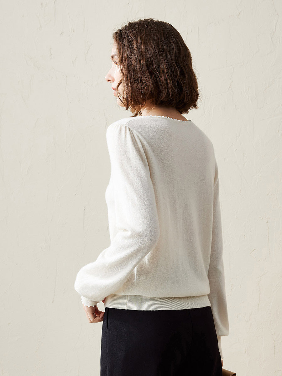 COMOBOCA 100% Cashmere Women's Pearl-Trimmed Knit Sweater