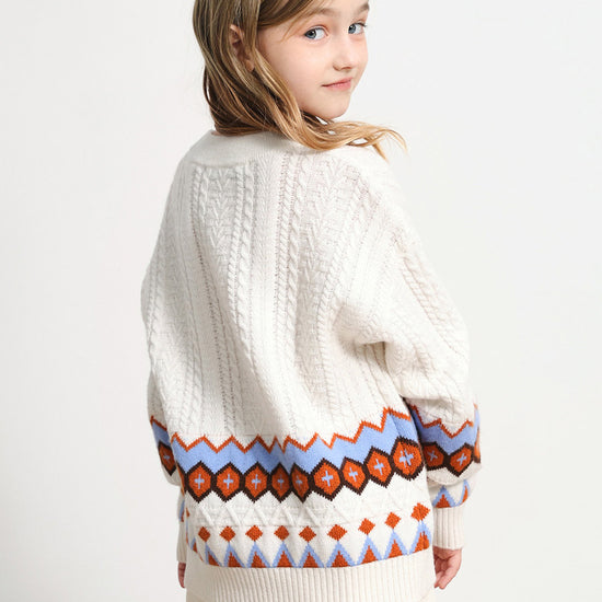 COMOBOCA 100% Wool Kids' Round Neck Striped Cable Knit Sweater