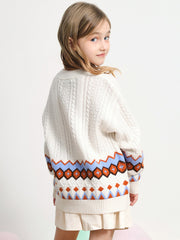 COMOBOCA 100% Wool Kids' Round Neck Striped Cable Knit Sweater