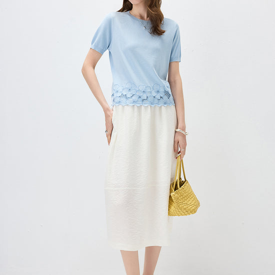 COMOBOCA Women's Floral Lace Trim Knit T-Shirt