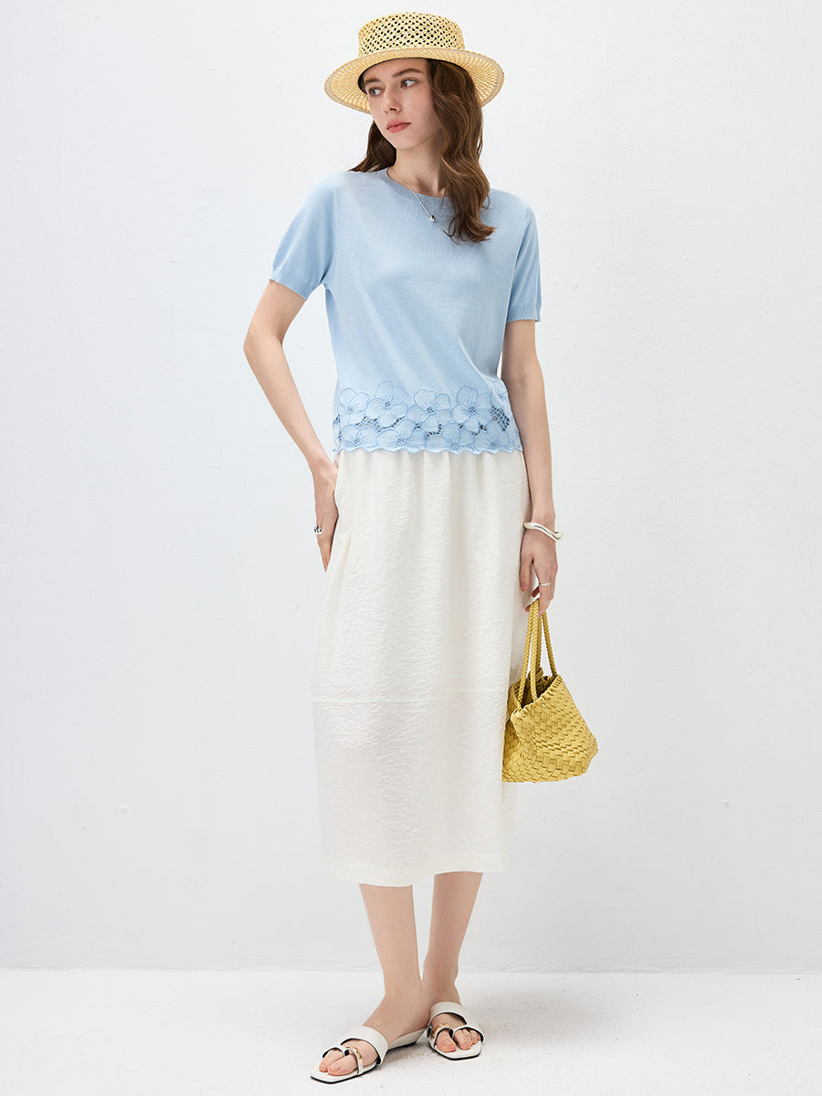 COMOBOCA Women's Floral Lace Trim Knit T-Shirt